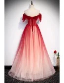 Ombre Red Off Shoulder Tulle Long Prom Dress