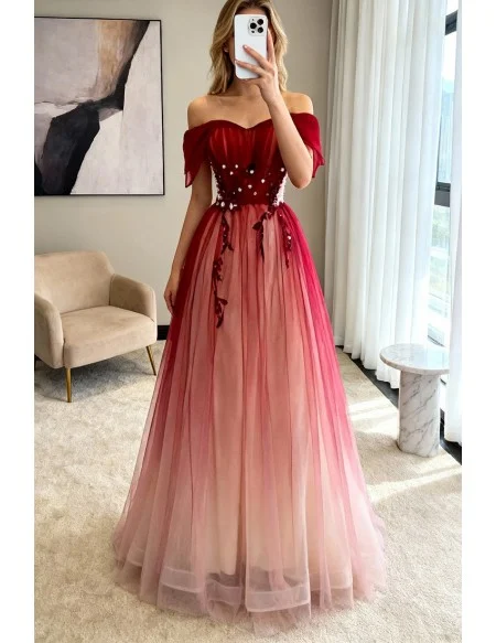 Ombre Red Off Shoulder Tulle Long Prom Dress