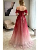 Ombre Red Off Shoulder Tulle Long Prom Dress