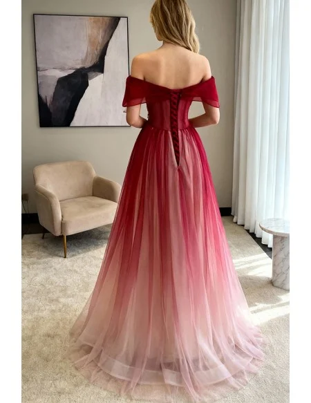 Ombre Red Off Shoulder Tulle Long Prom Dress