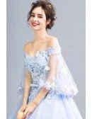 Off Shoulder Puffy Sleeve Blue Prom Dress Ball Gown With Beading Flower