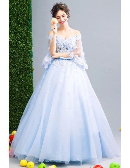 Off Shoulder Puffy Sleeve Blue Prom Dress Ball Gown With Beading Flower