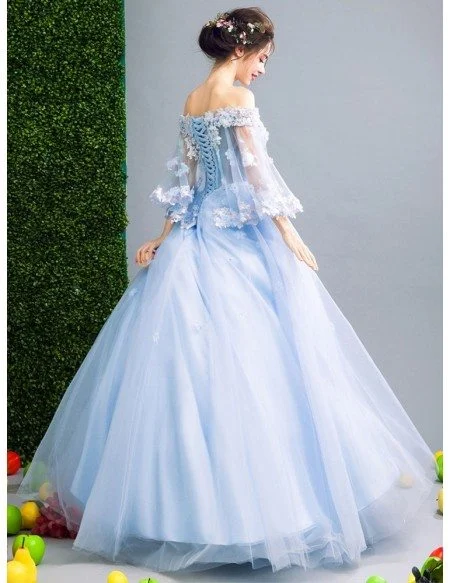 Off Shoulder Puffy Sleeve Blue Prom Dress Ball Gown With Beading Flower