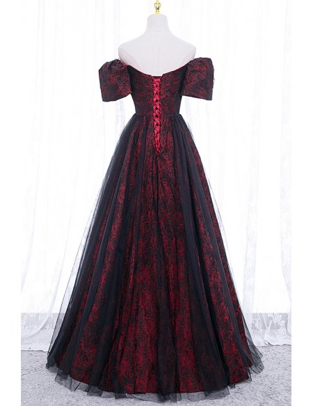 Burgundy Floral Pattern Long Off Shoulder Prom Dress With Sleeves