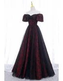 Burgundy Floral Pattern Long Off Shoulder Prom Dress With Sleeves