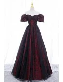 Burgundy Floral Pattern Long Off Shoulder Prom Dress With Sleeves