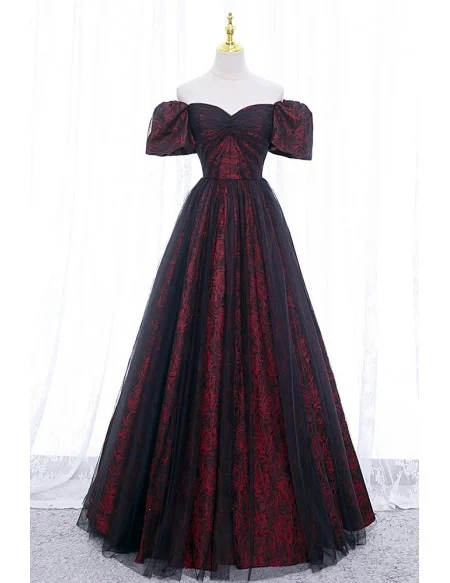 Burgundy Floral Pattern Long Off Shoulder Prom Dress With Sleeves