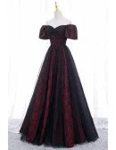 Burgundy Floral Pattern Long Off Shoulder Prom Dress With Sleeves