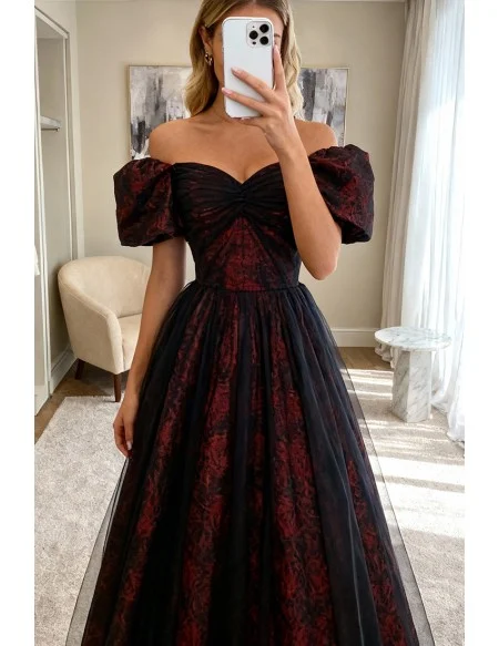 Burgundy Floral Pattern Long Off Shoulder Prom Dress With Sleeves