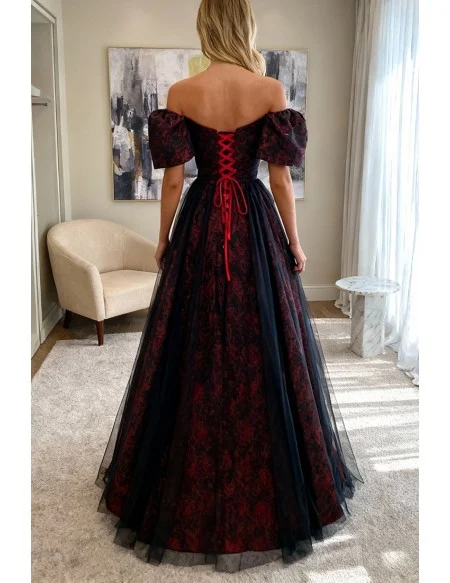 Burgundy Floral Pattern Long Off Shoulder Prom Dress With Sleeves
