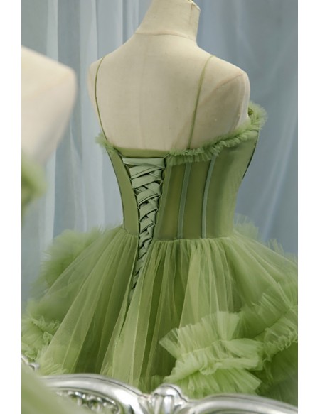 Stunning Green Tiered Pleated Tulle Formal Prom Dress With Straps