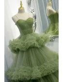 Stunning Green Tiered Pleated Tulle Formal Prom Dress With Straps
