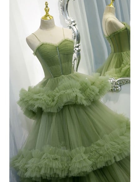 Stunning Green Tiered Pleated Tulle Formal Prom Dress With Straps