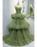 Stunning Green Tiered Pleated Tulle Formal Prom Dress With Straps