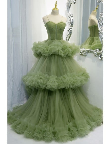 Stunning Green Tiered Pleated Tulle Formal Prom Dress With Straps