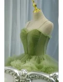 Stunning Green Tiered Pleated Tulle Formal Prom Dress With Straps
