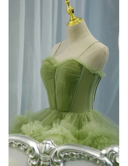 Stunning Green Tiered Pleated Tulle Formal Prom Dress With Straps