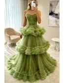 Stunning Green Tiered Pleated Tulle Formal Prom Dress With Straps