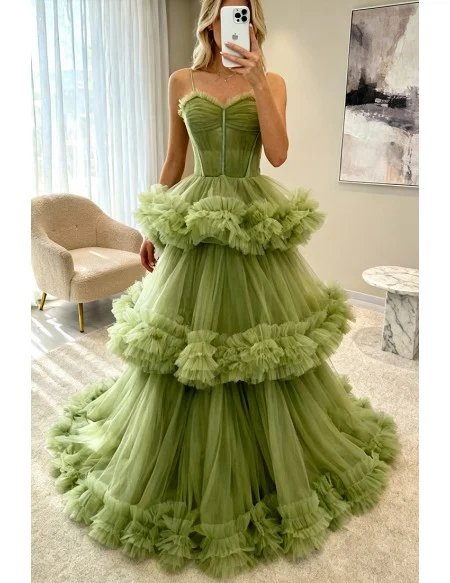 Stunning Green Tiered Pleated Tulle Formal Prom Dress With Straps