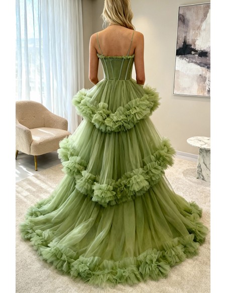Stunning Green Tiered Pleated Tulle Formal Prom Dress With Straps