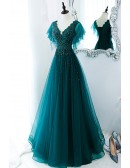 Gorgeous Dark Green Flowy Tulle Prom Dress Vneck With Puffy Sleeves