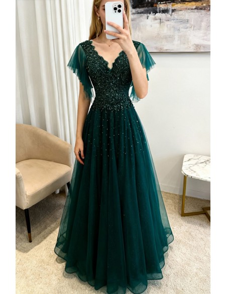 Gorgeous Dark Green Flowy Tulle Prom Dress Vneck With Puffy Sleeves