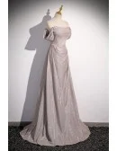 Shiny Silver Simple Long Pleats Prom Dress with Off Shoulder Straps