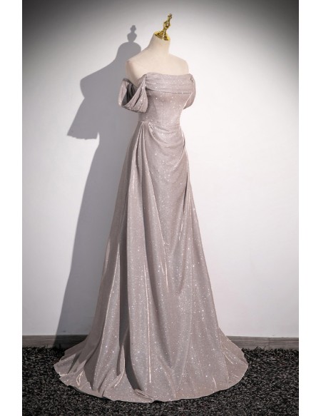 Shiny Silver Simple Long Pleats Prom Dress with Off Shoulder Straps