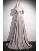 Shiny Silver Simple Long Pleats Prom Dress with Off Shoulder Straps