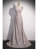Shiny Silver Simple Long Pleats Prom Dress with Off Shoulder Straps