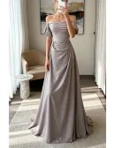 Shiny Silver Simple Long Pleats Prom Dress with Off Shoulder Straps