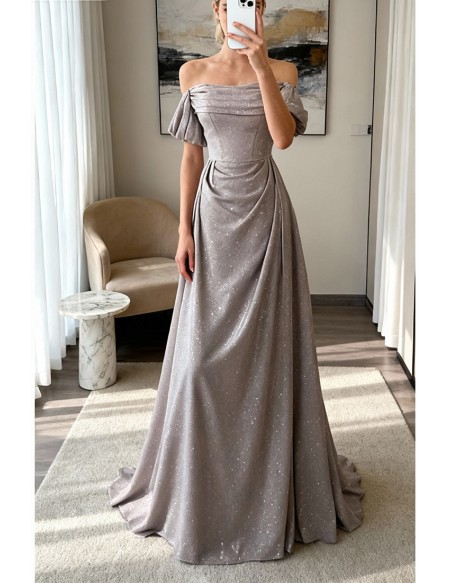 Shiny Silver Simple Long Pleats Prom Dress with Off Shoulder Straps