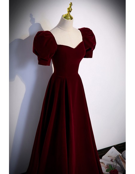 Simple Burgundy Long Velvet Prom Dress with Short Sleeves