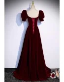 Simple Burgundy Long Velvet Prom Dress with Short Sleeves