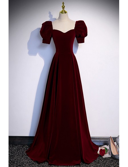 Simple Burgundy Long Velvet Prom Dress with Short Sleeves