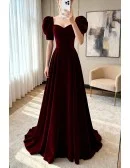 Simple Burgundy Long Velvet Prom Dress with Short Sleeves