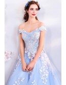 Fairy Light Blue Ball Gown Prom Dress Formal With Off Shoulder Flowers