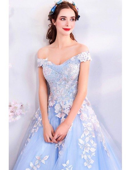 Fairy Light Blue Ball Gown Prom Dress Formal With Off Shoulder Flowers