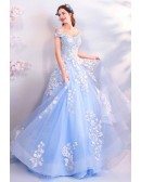 Fairy Light Blue Ball Gown Prom Dress Formal With Off Shoulder Flowers