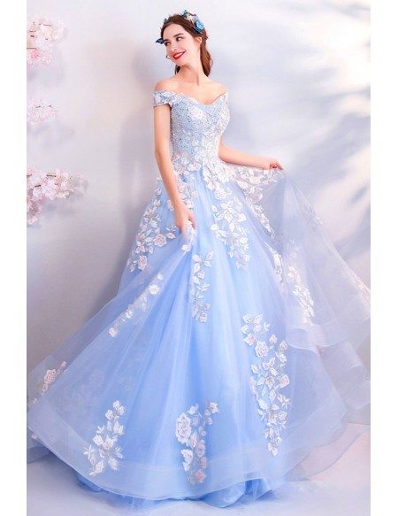 Fairy Light Blue Ball Gown Prom Dress Formal With Off Shoulder Flowers