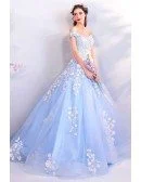 Fairy Light Blue Ball Gown Prom Dress Formal With Off Shoulder Flowers