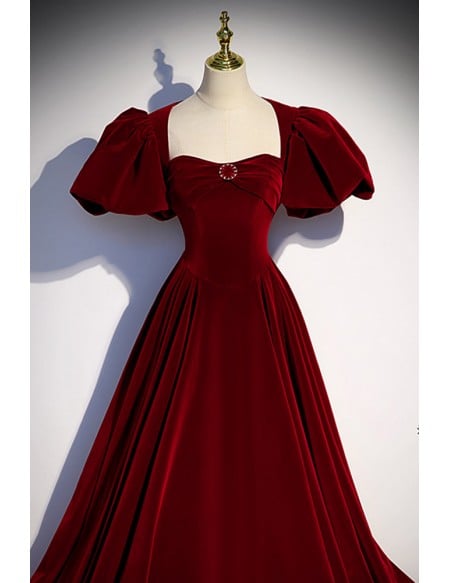 Elegant Long Velvet Evening Dress with Bubble Sleeves