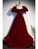 Elegant Long Velvet Evening Dress with Bubble Sleeves