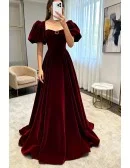 Elegant Long Velvet Evening Dress with Bubble Sleeves
