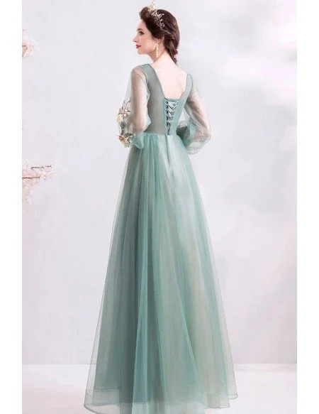 Fairy Dusty Green Tulle Long Sleeve Prom Dress With Long Sleeves
