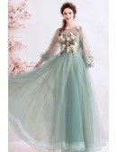 Fairy Dusty Green Tulle Long Sleeve Prom Dress With Long Sleeves
