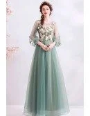 Fairy Dusty Green Tulle Long Sleeve Prom Dress With Long Sleeves