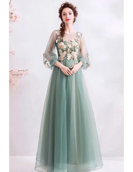 Fairy Dusty Green Tulle Long Sleeve Prom Dress With Long Sleeves