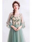 Fairy Dusty Green Tulle Long Sleeve Prom Dress With Long Sleeves