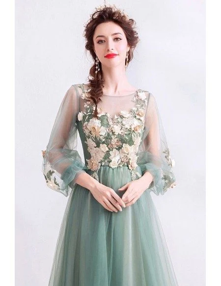 Fairy Dusty Green Tulle Long Sleeve Prom Dress With Long Sleeves